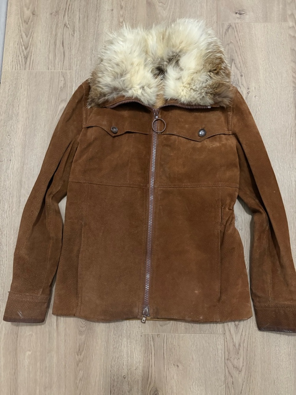 Beged-Or SUEDE & LEATHER 
Women's Brown Suede Jacket with Cream Faux Fur Collar